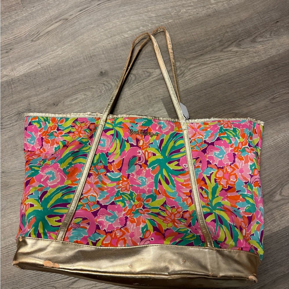 Lilly Pulitzer Colorful Floral Tote with Gold Trim